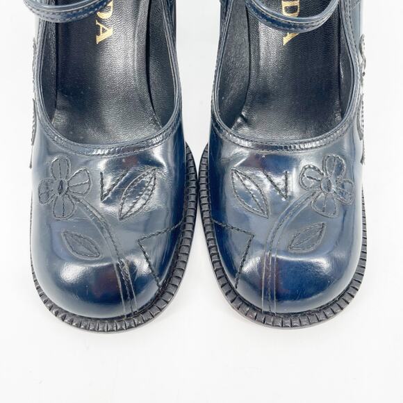 Vintage Prada 1996 Blue Leather Floral Appliqué Block Heel Mary Jane Pumps IT 39 - Picture 7 of 15
